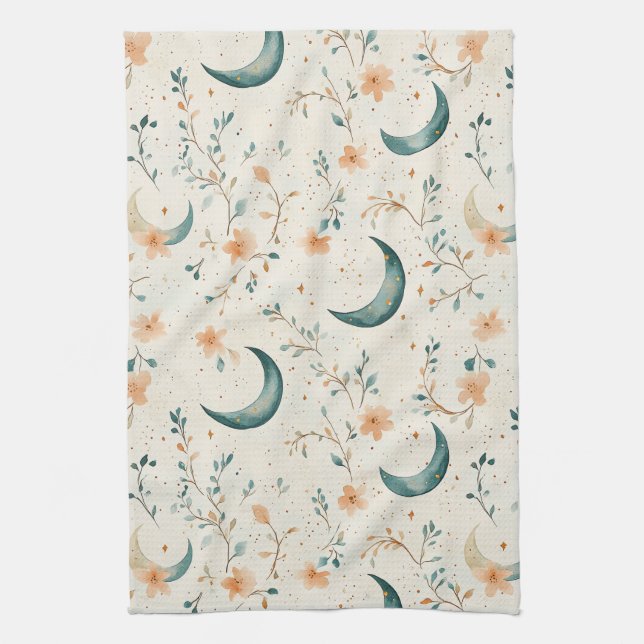 Boho Celestial Floral Moon Pattern (1) Kitchen Towel (Vertical)