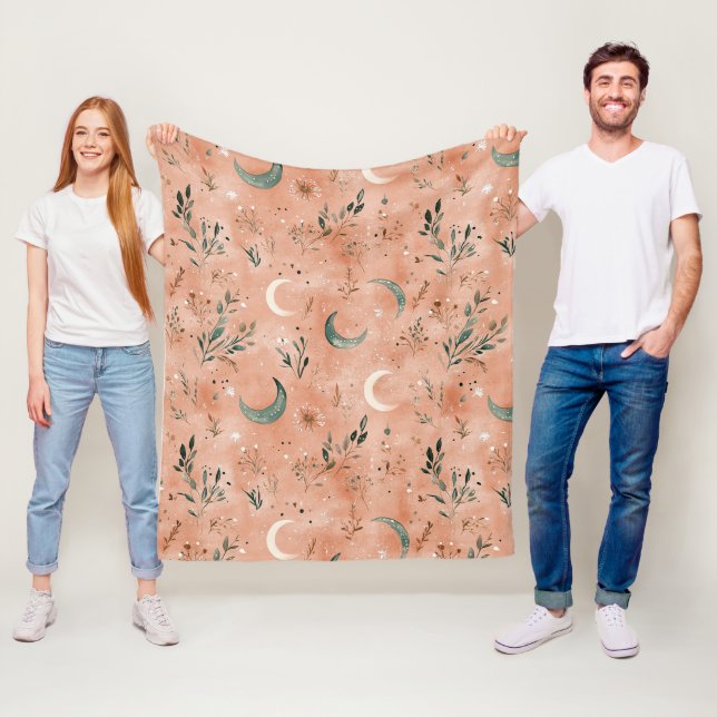 Boho Celestial Floral Moon Pattern (4) Fleece Blanket (In Situ)