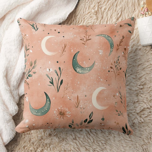 Boho Celestial Floral Moon Pattern (4) Throw Pillow (Blanket)