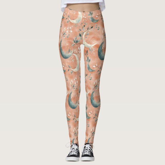 Boho Celestial Floral Moon Pattern (5) Leggings (Front)