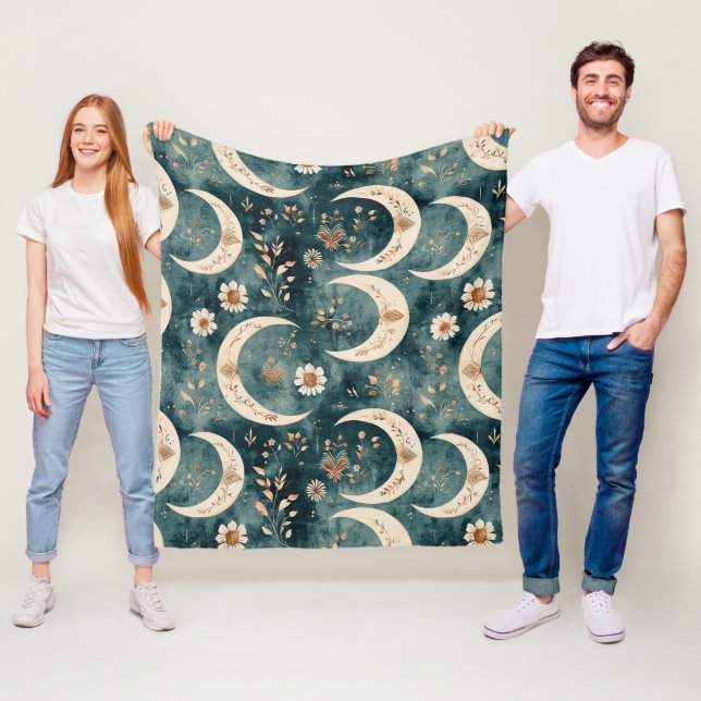 Boho Celestial Floral Moon Pattern (9) Fleece Blanket (In Situ)