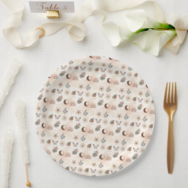 Boho Celestial Floral Pattern Paper Plate (Wedding)