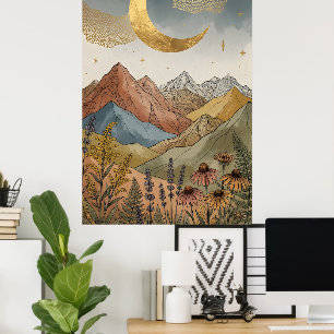 Boho Celestial Gold Crescent Moon Mountain Poster