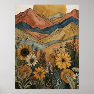 Boho Celestial Gold Sun Mountain Sunflower Poster