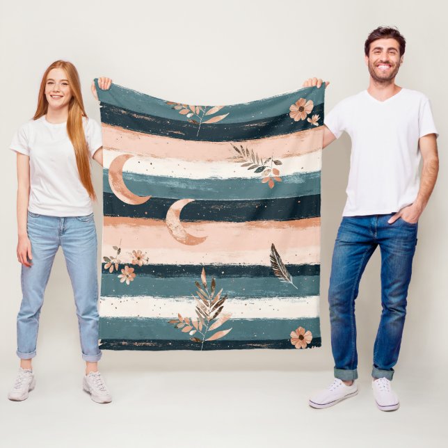 Boho Celestial Moon Stripe in Earth Tones Fleece Blanket (In Situ)