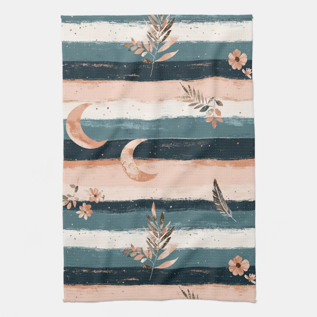Boho Celestial Moon Stripe in Earth Tones Kitchen Towel (Vertical)