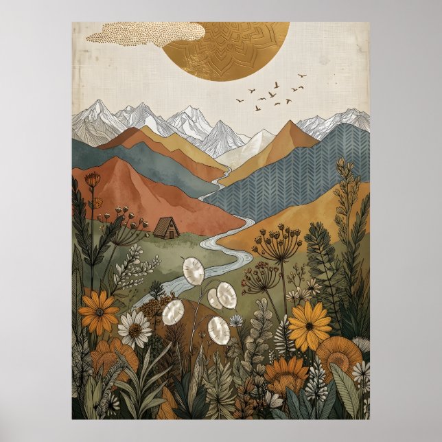 Boho Celestial Mountain A Frame Cabin River Poster (Front)