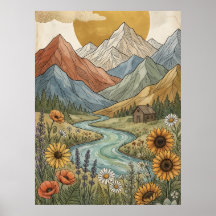 Boho Celestial Mountain Cabin River Sunflower