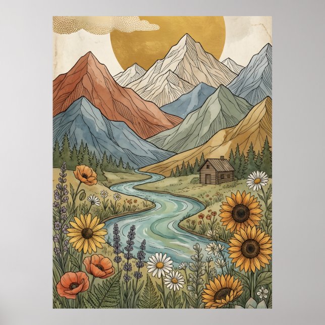 Boho Celestial Mountain Cabin River Sunflower Poster (Front)