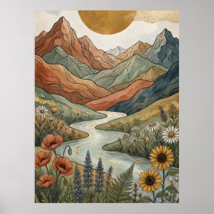 Boho Celestial Mountain Gold River Sunflower Poster