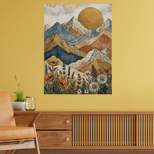 Boho Celestial Mountain Wildflower Sun Poster