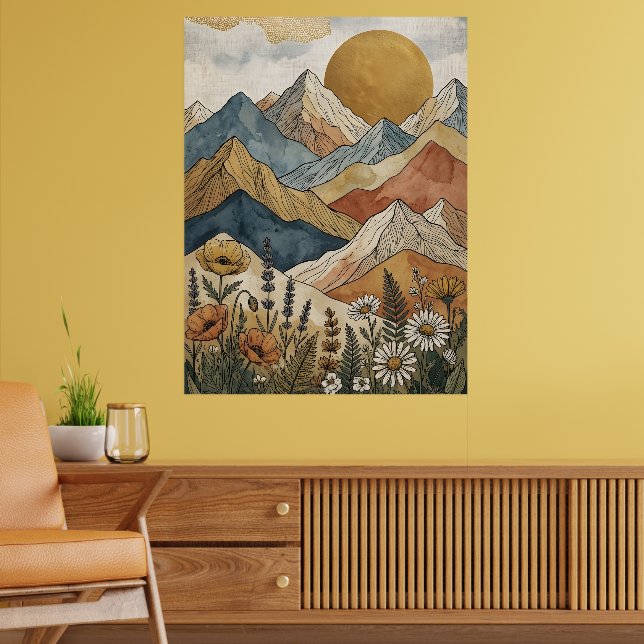 Boho Celestial Mountain Wildflower Sun Poster (Living Room 2)
