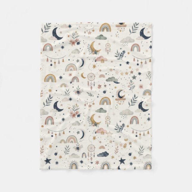 Boho Celestial  | Neutral Moon and Stars Fleece Blanket (Front)