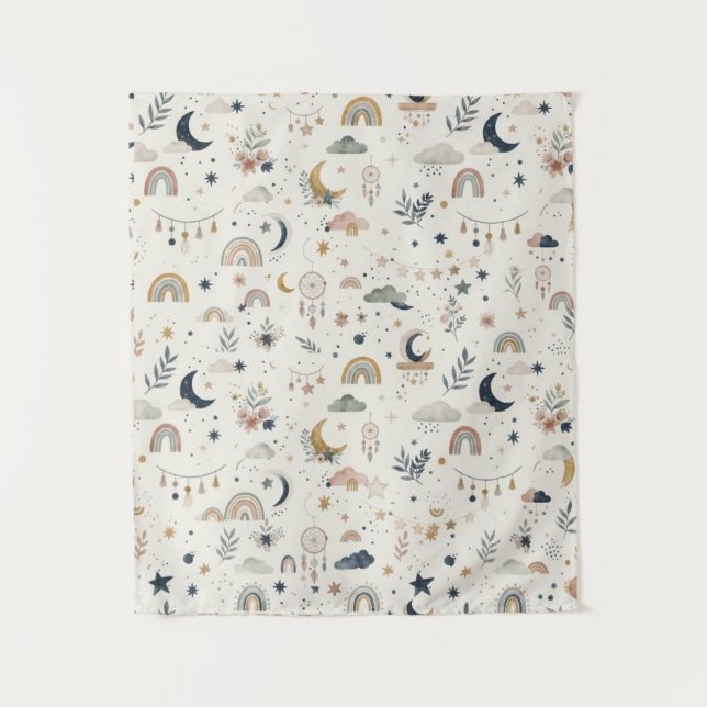 Boho Celestial Nursery Tapestry| Neutral Moon Star Tapestry (Front)