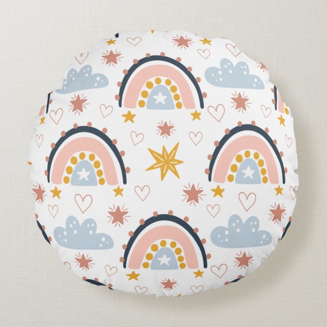 Boho Celestial Rainbows & Starbursts Pattern Round Pillow (Front)