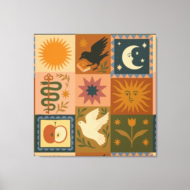 Boho Celestial | Retro Sun & Moon Canvas Print (Front)