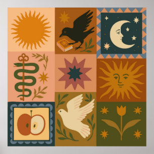 Boho Celestial Retro Sun & Moon Poster