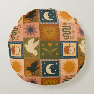 Boho Celestial Retro Sun & Moon Round Pillow