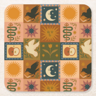 Boho Celestial   Retro Sun & Moon Square Paper Coaster