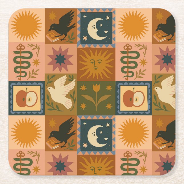Boho Celestial | Retro Sun & Moon Square Paper Coaster (Front)