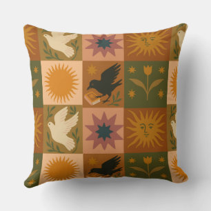 Boho Celestial Retro Sun & Moon Throw Pillow