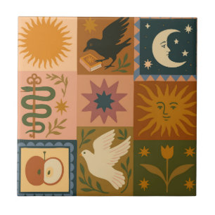 Boho Celestial Retro Sun & Moon Tile