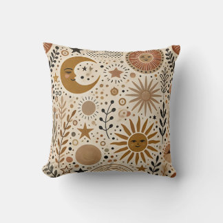 Boho Celestial Sun and Moon Pattern Throw Pillow