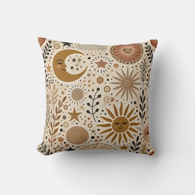 Boho Celestial Sun and Moon Pattern Throw Pillow (Front)