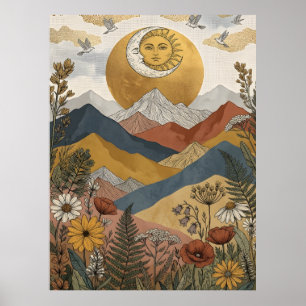 Boho Celestial Sun Moon Face Mountain Birds Poster