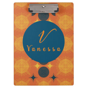 Boho Celestial Sun Moon Orange Monogram Script Clipboard