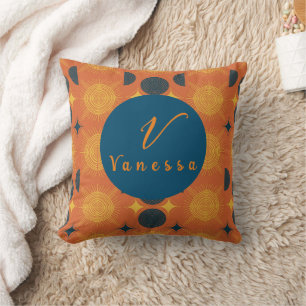 Boho Celestial Sun Moon Orange Monogram Script Throw Pillow