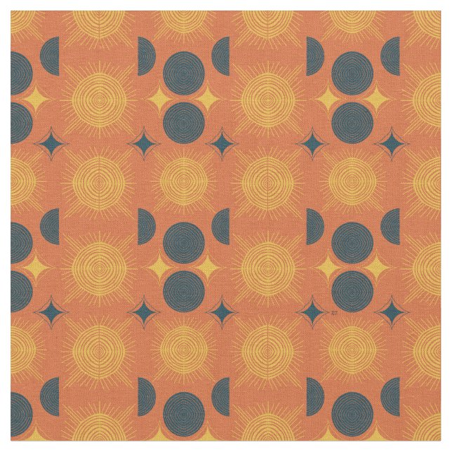 Boho Celestial Sun Moon Orange Pattern Fabric (Close Up)