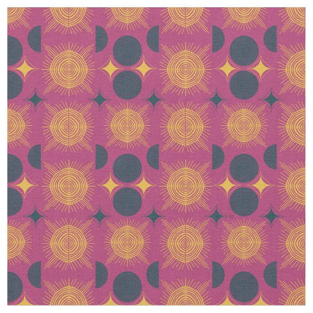 Boho Celestial Sun Moon Pink Pattern Fabric (Close Up)