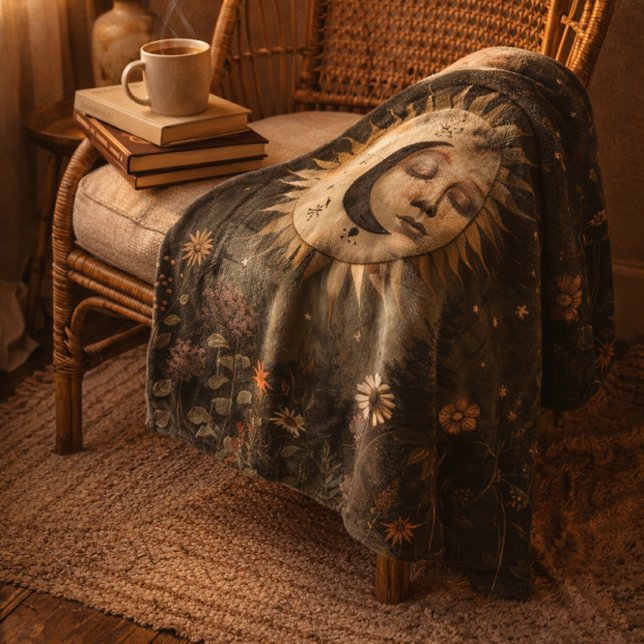 Boho Celestial Sun Moon Wildflower Garden Fleece Blanket (Creator Uploaded)