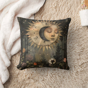 Boho Celestial Sun Moon Wildflower Garden Throw Pillow