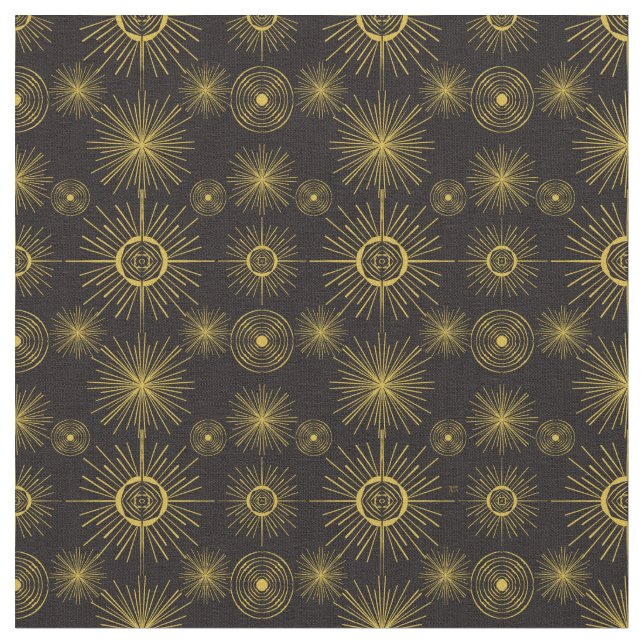 Boho Celestial Sun Stars Black Pattern Fabric (Close Up)