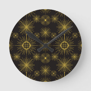 Boho Celestial Sun Stars Black Pattern  Round Clock