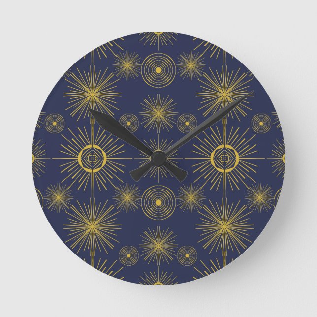 Boho Celestial Sun Stars Blue Pattern Round Clock (Front)
