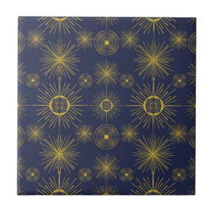 Boho Celestial Sun Stars Blue Pattern  Tile