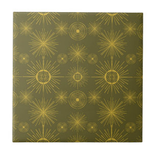 Boho Celestial Sun Stars Green Pattern Tile