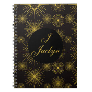 Boho Celestial Sun Stars Personalized Black Notebook