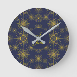 Boho Celestial Sun Stars Personalized Blue Round Clock