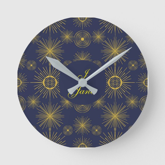 Boho Celestial Sun Stars Personalized Blue Round Clock (Front)