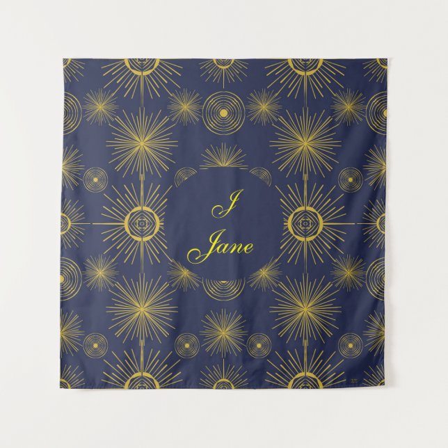 Boho Celestial Sun Stars Personalized Blue  Tapestry (Front)