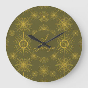 Boho Celestial Sun Stars Personalized Green  Large Clock