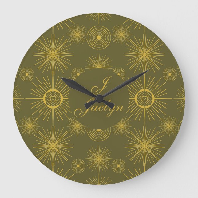 Boho Celestial Sun Stars Personalized Green  Large Clock (Front)