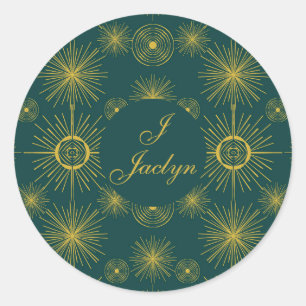 Boho Celestial Sun Stars Personalized Teal Classic Round Sticker