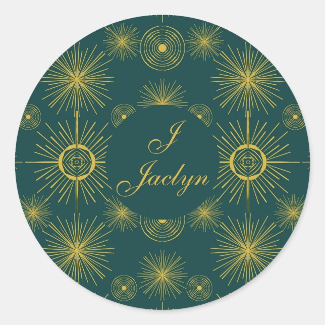 Boho Celestial Sun Stars Personalized Teal Classic Round Sticker (Front)