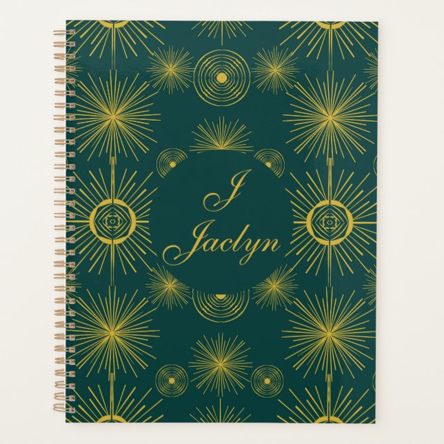 Boho Celestial Sun Stars Personalized Teal  Planner (Front)