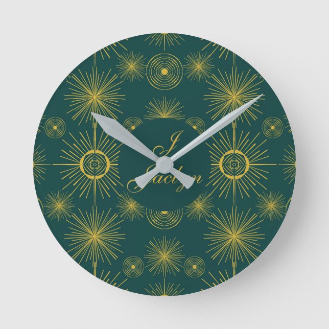 Boho Celestial Sun Stars Personalized Teal Round Clock (Front)